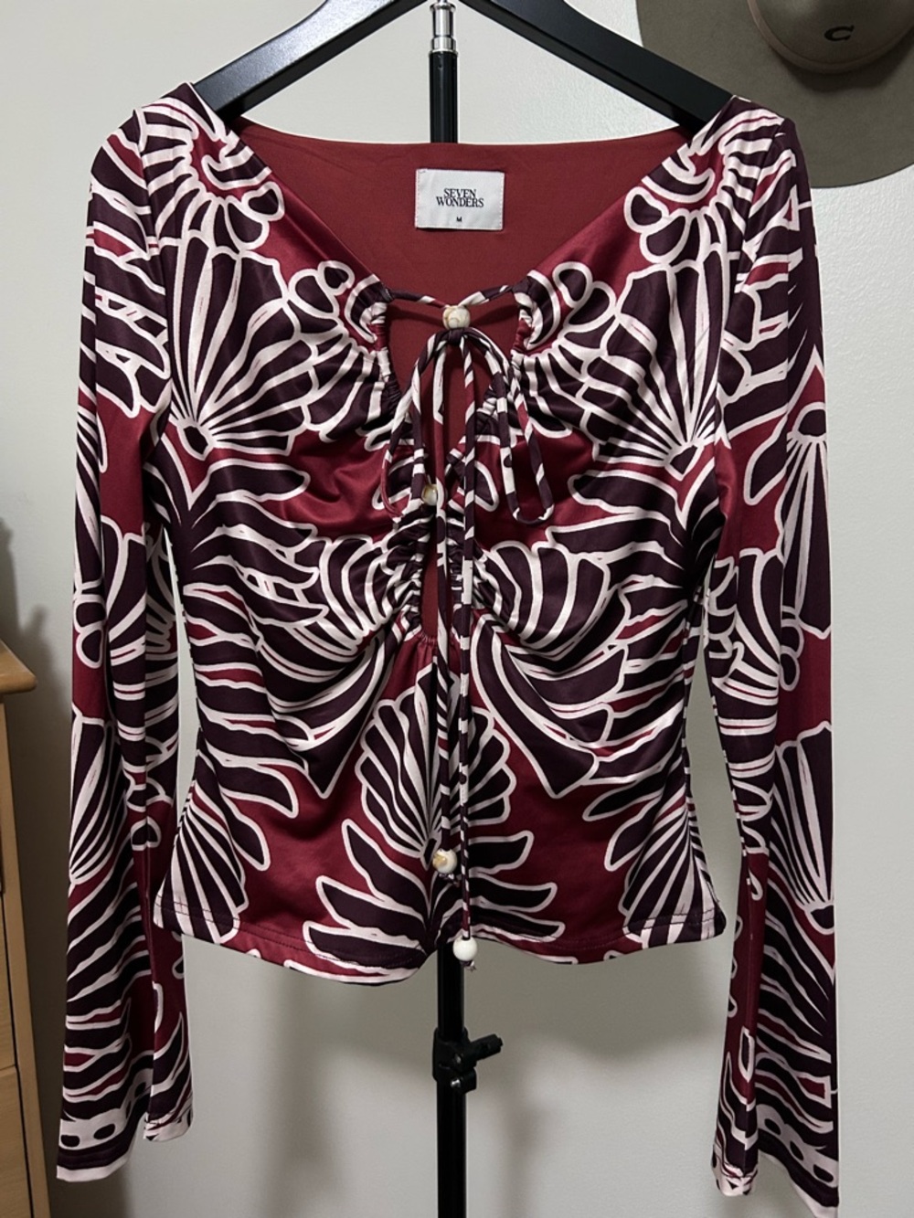 Seven Wonders Burgundy Floral Ruched Tie-Front Long Sleeve Top